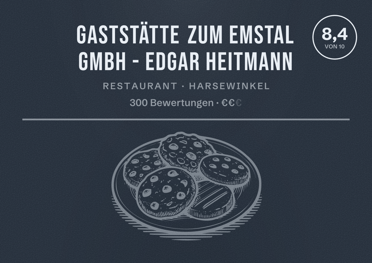 Illustriertes Poster von Gaststätte Zum Emstal GmbH - Edgar Heitmann, Restaurant in Harsewinkel: Bewertung 8,4 von 10 aus 300 Bewertungen, Preisniveau €€