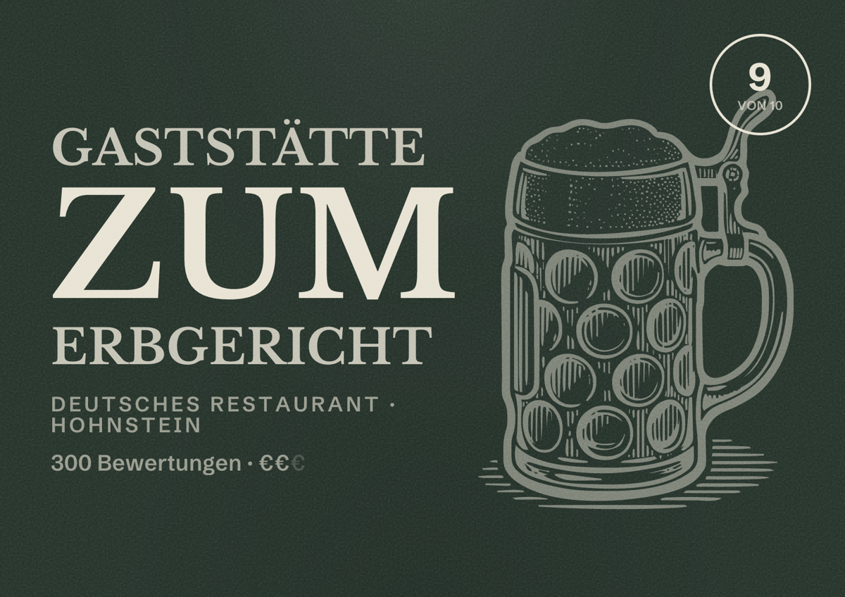 Illustriertes Poster von Gaststätte Zum Erbgericht, Deutsches Restaurant in Hohnstein: Bewertung 9 von 10 aus 300 Bewertungen, Preisniveau €€