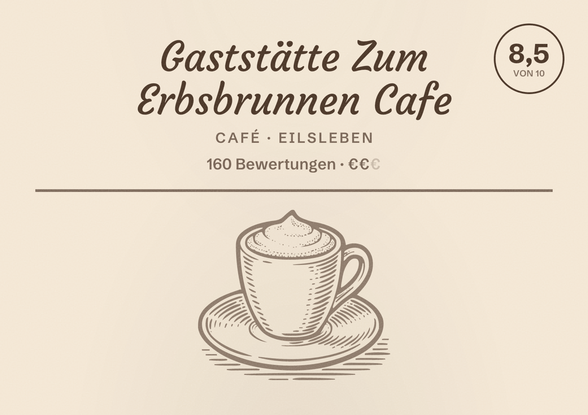 Illustriertes Poster von Gaststätte Zum Erbsbrunnen Cafe, Café in Eilsleben: Bewertung 8,5 von 10 aus 160 Bewertungen, Preisniveau €€
