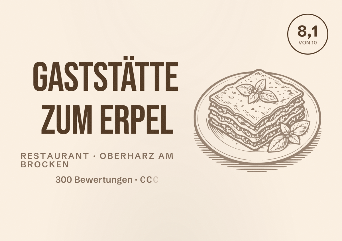 Illustriertes Poster von Gaststätte Zum Erpel, Restaurant in Oberharz am Brocken: Bewertung 8,1 von 10 aus 300 Bewertungen, Preisniveau €€