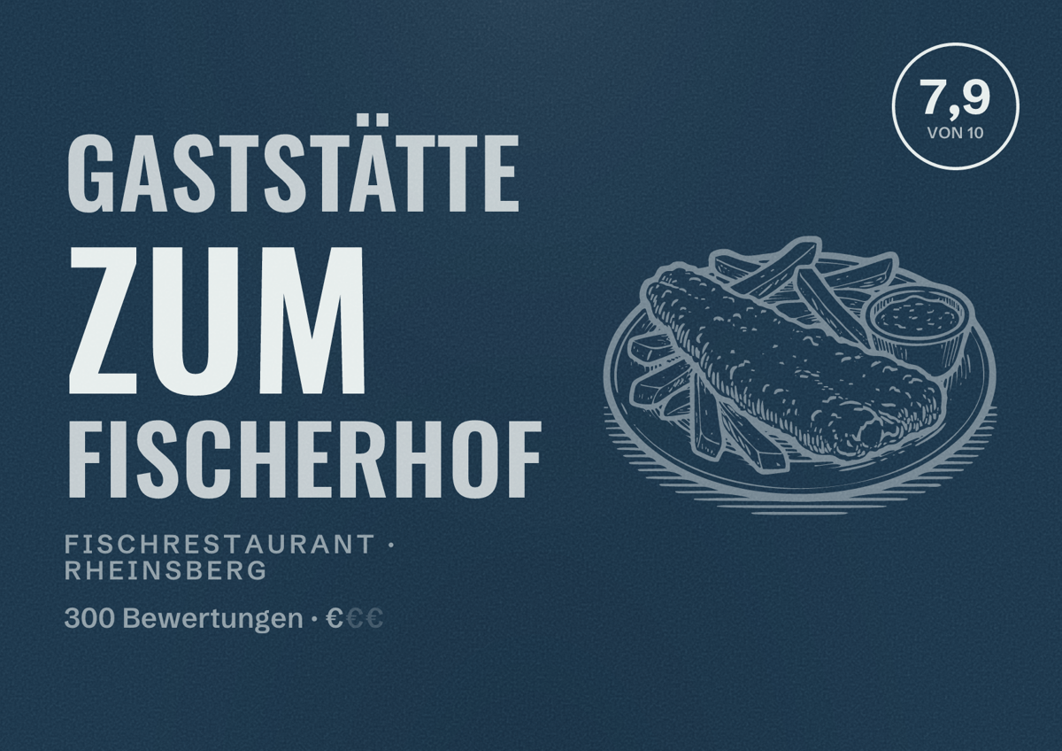Illustriertes Poster von Gaststätte Zum Fischerhof, Fischrestaurant in Rheinsberg: Bewertung 7,9 von 10 aus 300 Bewertungen, Preisniveau €