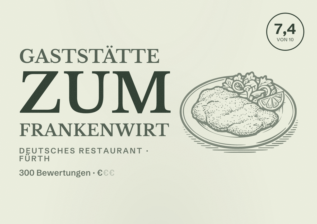 Illustriertes Poster von Gaststätte Zum Frankenwirt, Deutsches Restaurant in Fürth: Bewertung 7,4 von 10 aus 300 Bewertungen, Preisniveau €