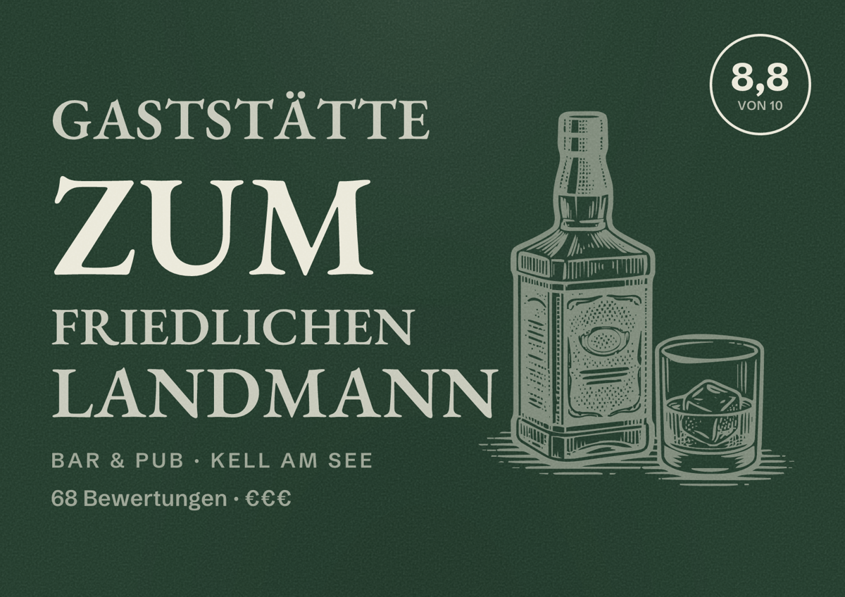 Illustriertes Poster von Gaststätte Zum Friedlichen Landmann, Bar & Pub in Kell am See: Bewertung 8,8 von 10 aus 68 Bewertungen, Preisniveau €€€