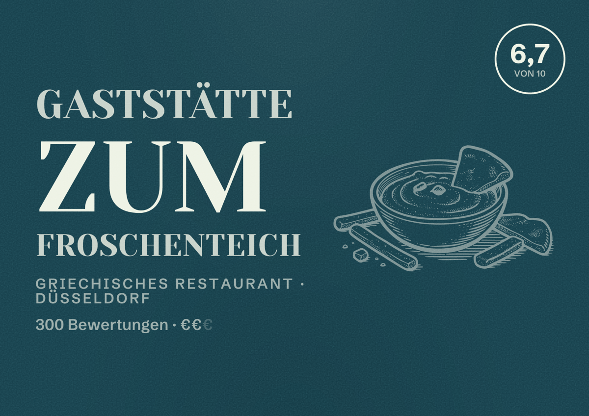 Illustriertes Poster von Gaststätte Zum Froschenteich, Griechisches Restaurant in Düsseldorf: Bewertung 6,7 von 10 aus 300 Bewertungen, Preisniveau €€
