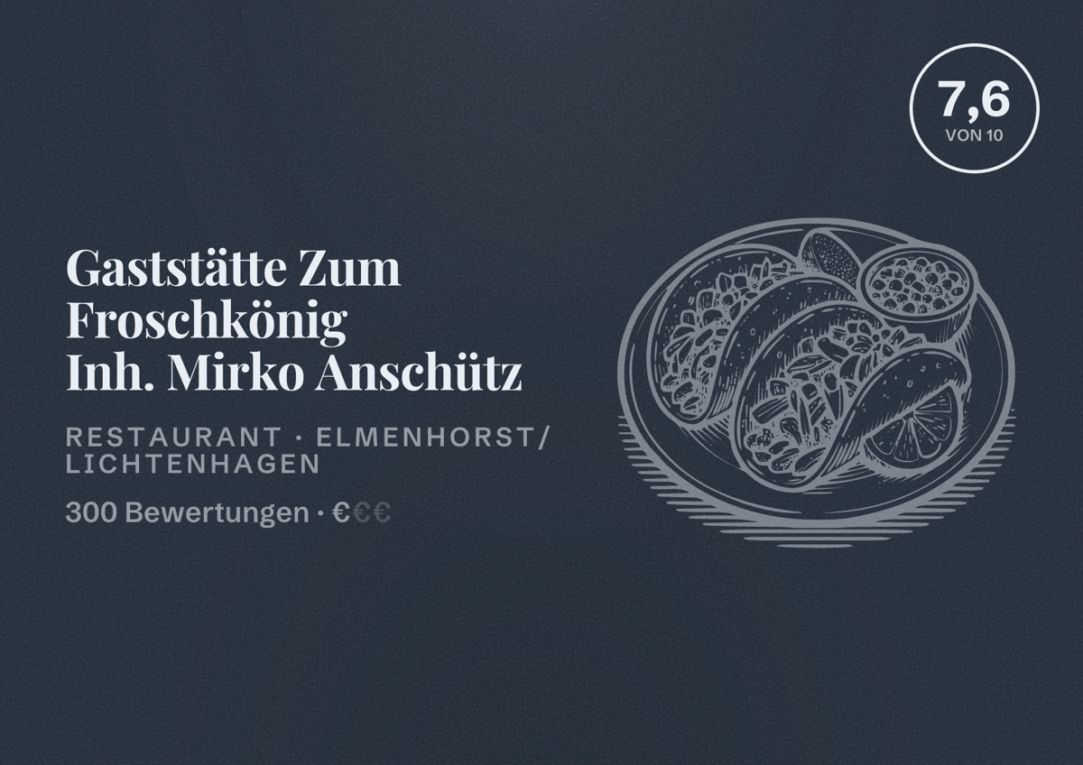 Illustriertes Poster von Gaststätte Zum Froschkönig Inh. Mirko Anschütz, Restaurant in Elmenhorst/Lichtenhagen: Bewertung 7,6 von 10 aus 300 Bewertungen, Preisniveau €