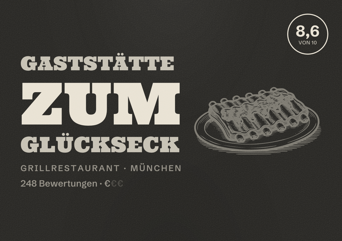 Illustriertes Poster von Gaststätte Zum Glückseck, Grillrestaurant in München: Bewertung 8,6 von 10 aus 248 Bewertungen, Preisniveau €
