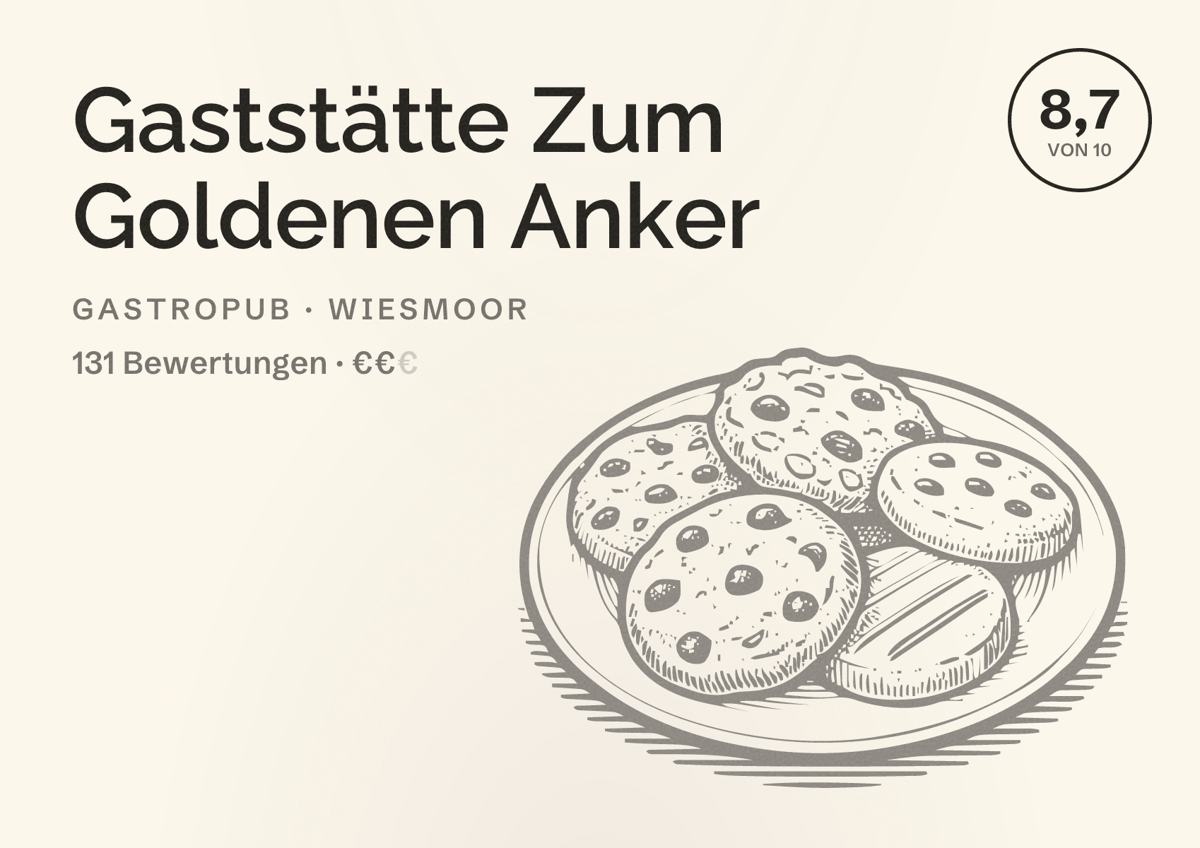 Illustriertes Poster von Gaststätte Zum Goldenen Anker, Gastropub in Wiesmoor: Bewertung 8,7 von 10 aus 131 Bewertungen, Preisniveau €€