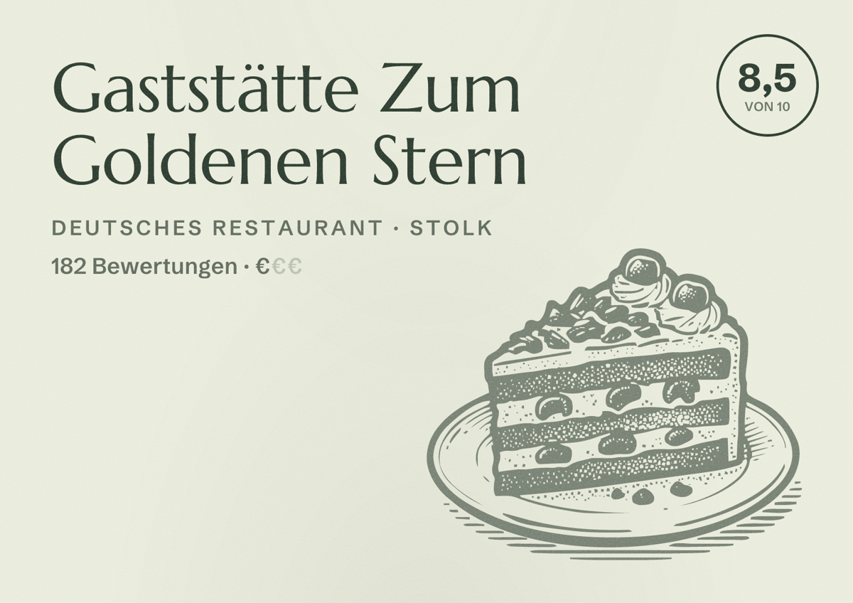 Illustriertes Poster von Gaststätte Zum Goldenen Stern, Deutsches Restaurant in Stolk: Bewertung 8,5 von 10 aus 182 Bewertungen, Preisniveau €