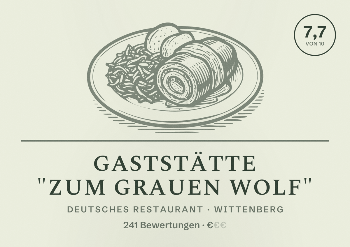 Illustriertes Poster von Gaststätte "Zum Grauen Wolf", Deutsches Restaurant in Wittenberg: Bewertung 7,7 von 10 aus 241 Bewertungen, Preisniveau €