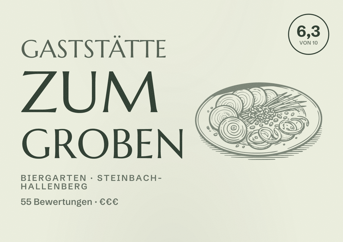 Illustriertes Poster von Gaststätte Zum Groben, Biergarten in Steinbach-Hallenberg: Bewertung 6,3 von 10 aus 55 Bewertungen, Preisniveau €€€