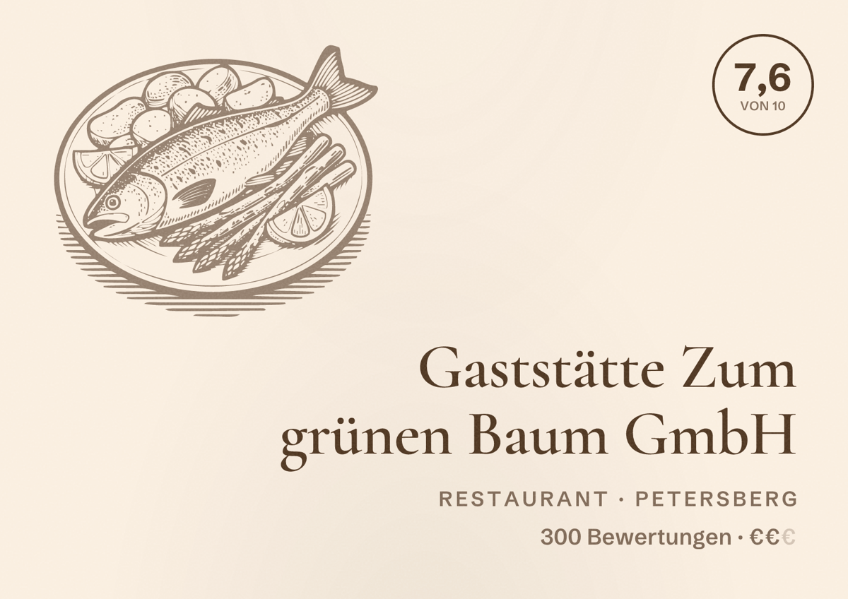 Illustriertes Poster von Gaststätte Zum grünen Baum GmbH, Restaurant in Petersberg: Bewertung 7,6 von 10 aus 300 Bewertungen, Preisniveau €€