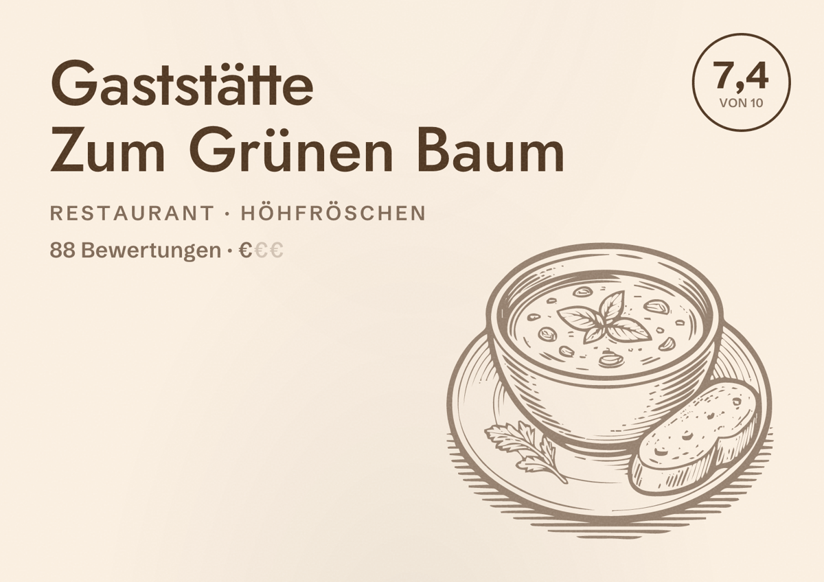 Illustriertes Poster von Gaststätte Zum Grünen Baum, Restaurant in Höhfröschen: Bewertung 7,4 von 10 aus 88 Bewertungen, Preisniveau €