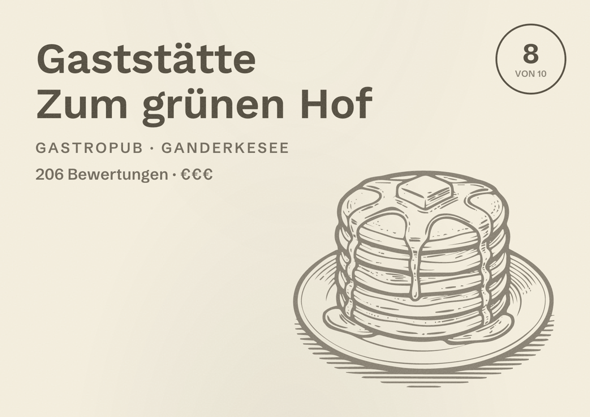 Illustriertes Poster von Gaststätte Zum grünen Hof, Gastropub in Ganderkesee: Bewertung 8 von 10 aus 206 Bewertungen, Preisniveau €€€