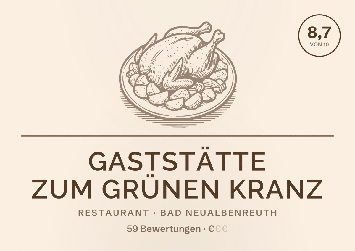 Illustriertes Poster von Gaststätte Zum Grünen Kranz, Restaurant in Bad Neualbenreuth: Bewertung 8,7 von 10 aus 59 Bewertungen, Preisniveau €