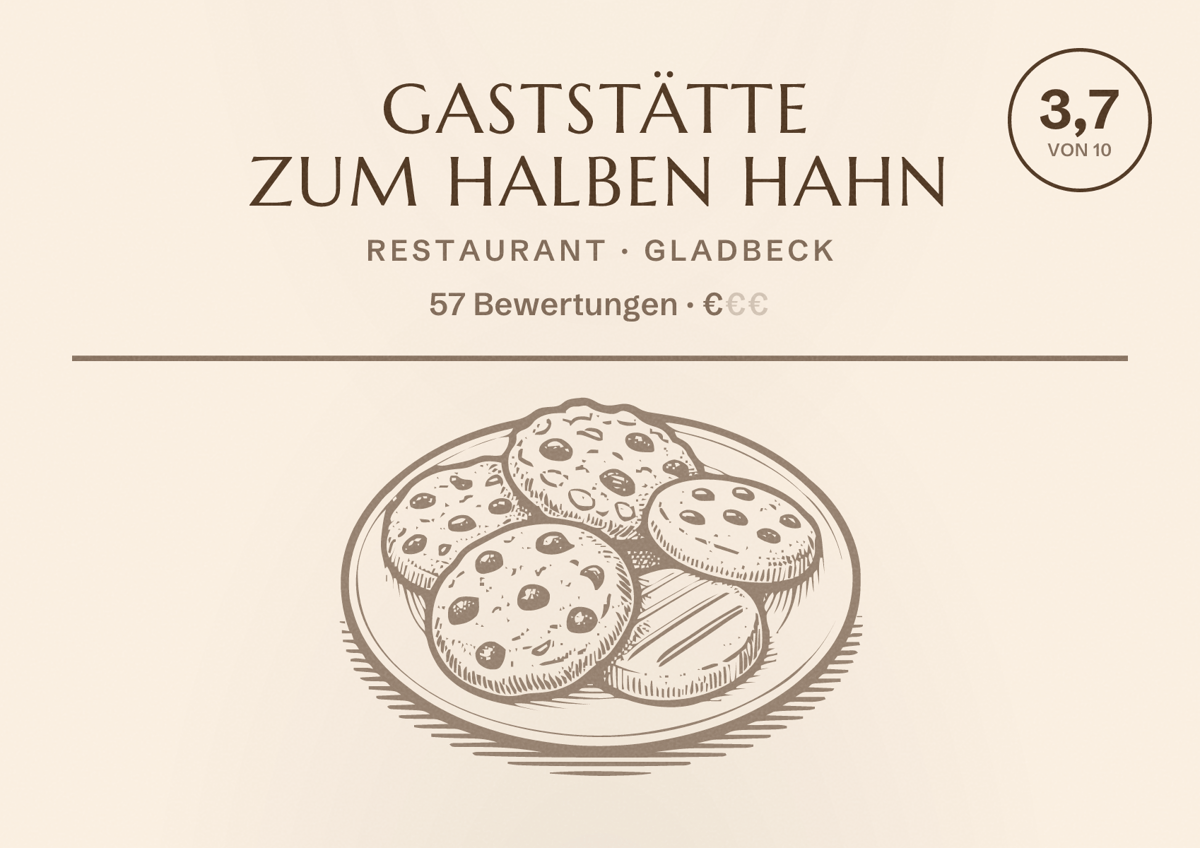 Illustriertes Poster von Gaststätte Zum halben Hahn, Restaurant in Gladbeck: Bewertung 3,7 von 10 aus 57 Bewertungen, Preisniveau €