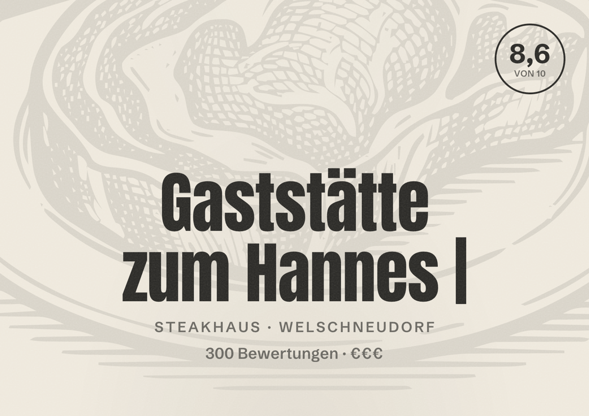 Illustriertes Poster von Gaststätte zum Hannes |, Steakhaus in Welschneudorf: Bewertung 8,6 von 10 aus 300 Bewertungen, Preisniveau €€€