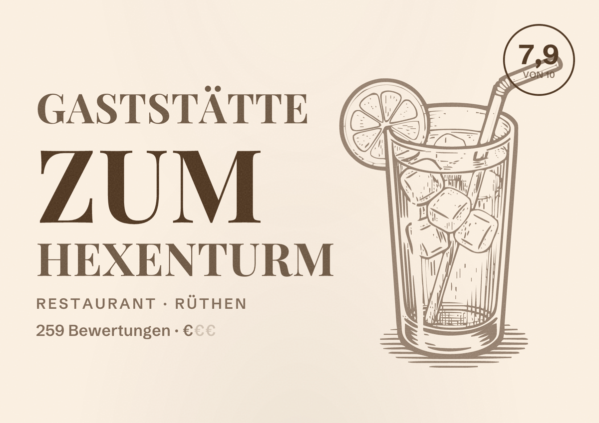 Illustriertes Poster von Gaststätte zum Hexenturm, Restaurant in Rüthen: Bewertung 7,9 von 10 aus 259 Bewertungen, Preisniveau €