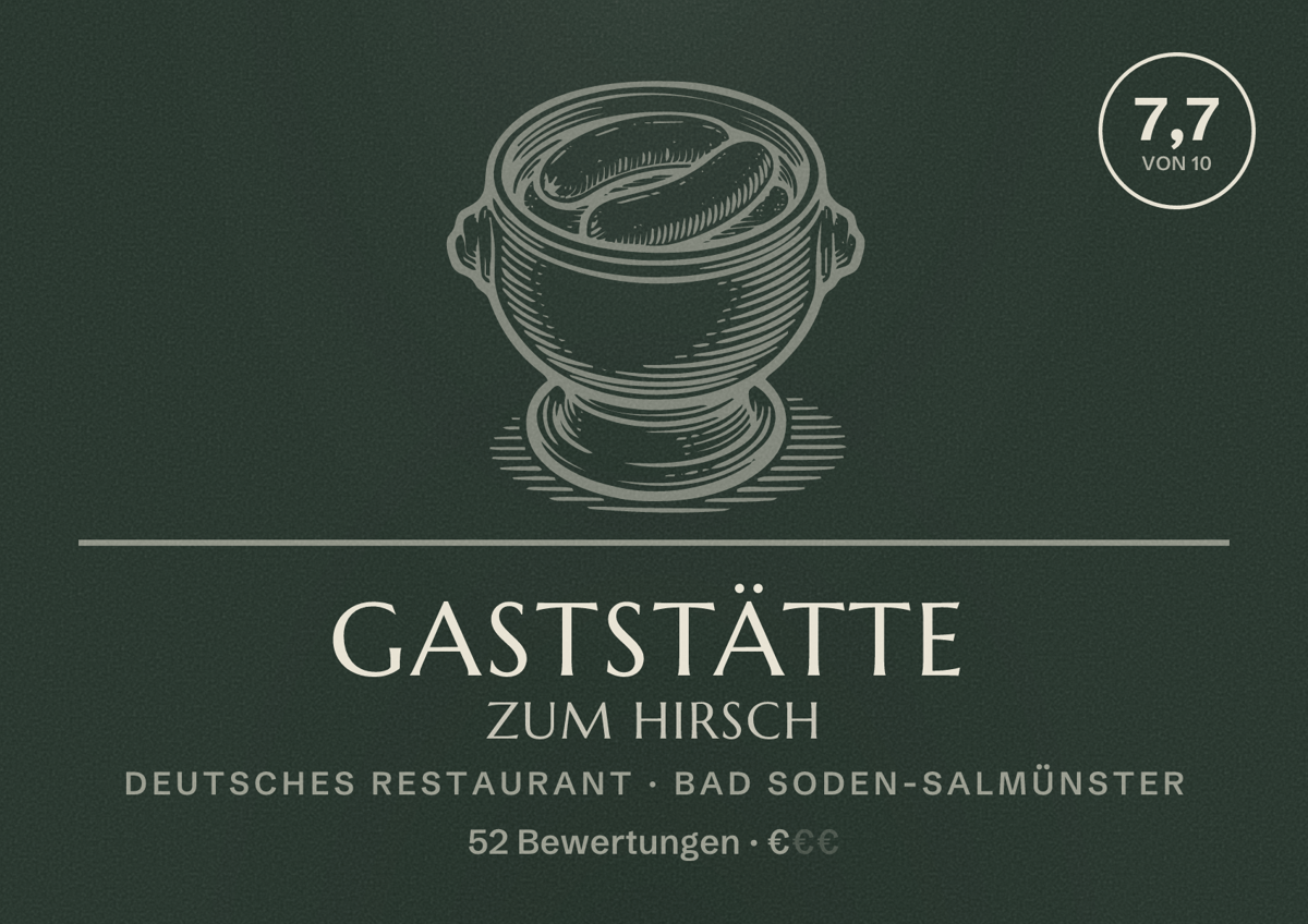 Illustriertes Poster von Gaststätte Zum Hirsch, Deutsches Restaurant in Bad Soden-Salmünster: Bewertung 7,7 von 10 aus 52 Bewertungen, Preisniveau €