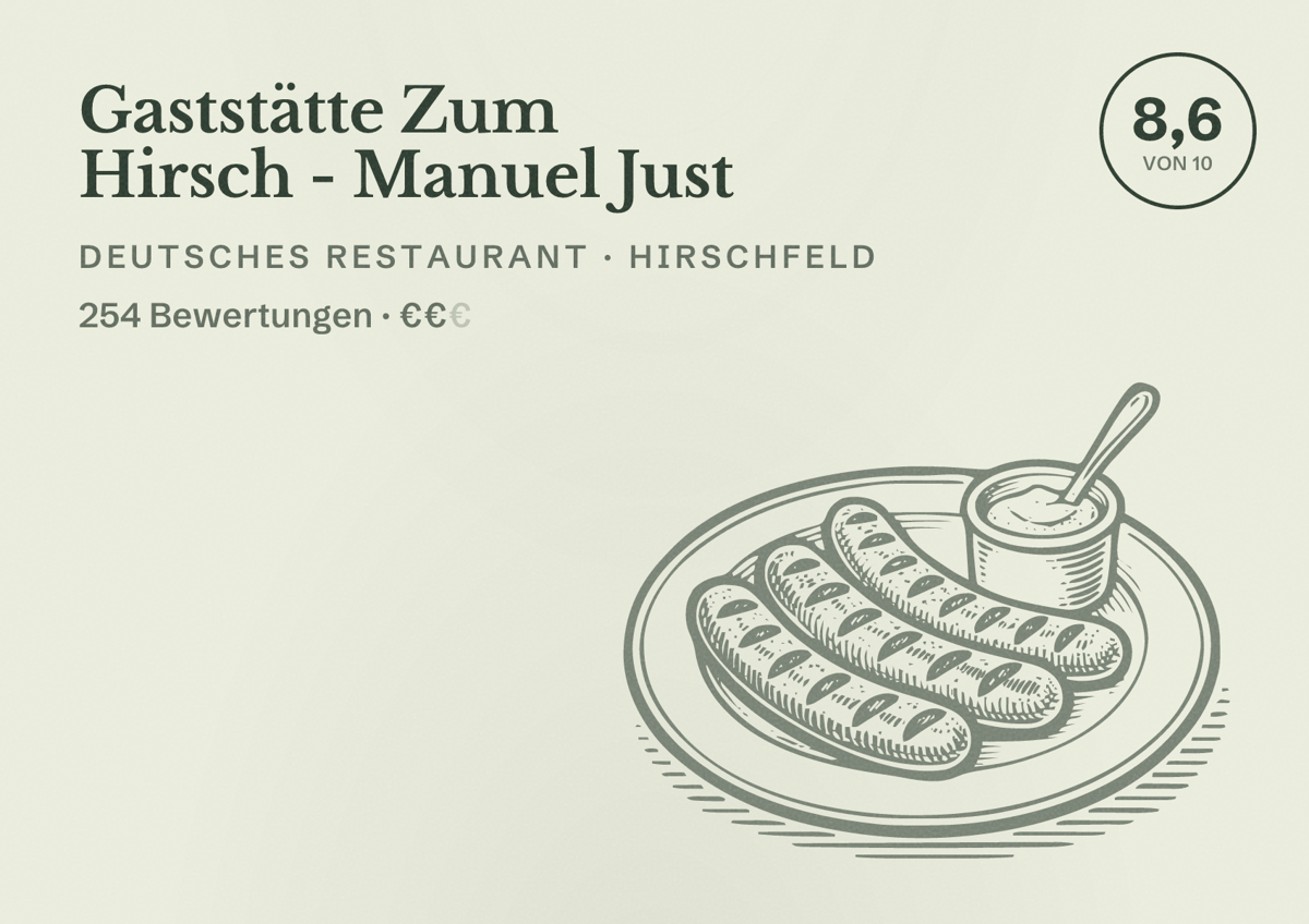 Illustriertes Poster von Gaststätte Zum Hirsch - Manuel Just, Deutsches Restaurant in Hirschfeld: Bewertung 8,6 von 10 aus 254 Bewertungen, Preisniveau €€