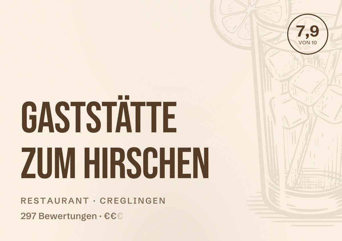 Illustriertes Poster von Gaststätte Zum Hirschen, Restaurant in Creglingen: Bewertung 7,9 von 10 aus 297 Bewertungen, Preisniveau €€