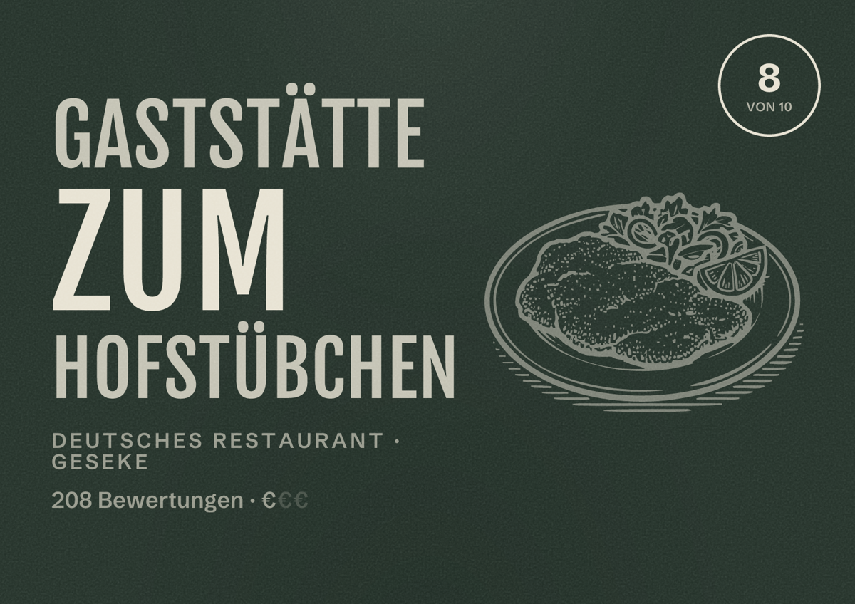 Illustriertes Poster von Gaststätte Zum Hofstübchen, Deutsches Restaurant in Geseke: Bewertung 8 von 10 aus 208 Bewertungen, Preisniveau €
