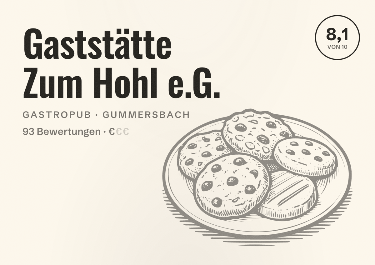 Illustriertes Poster von Gaststätte Zum Hohl e.G., Gastropub in Gummersbach: Bewertung 8,1 von 10 aus 93 Bewertungen, Preisniveau €
