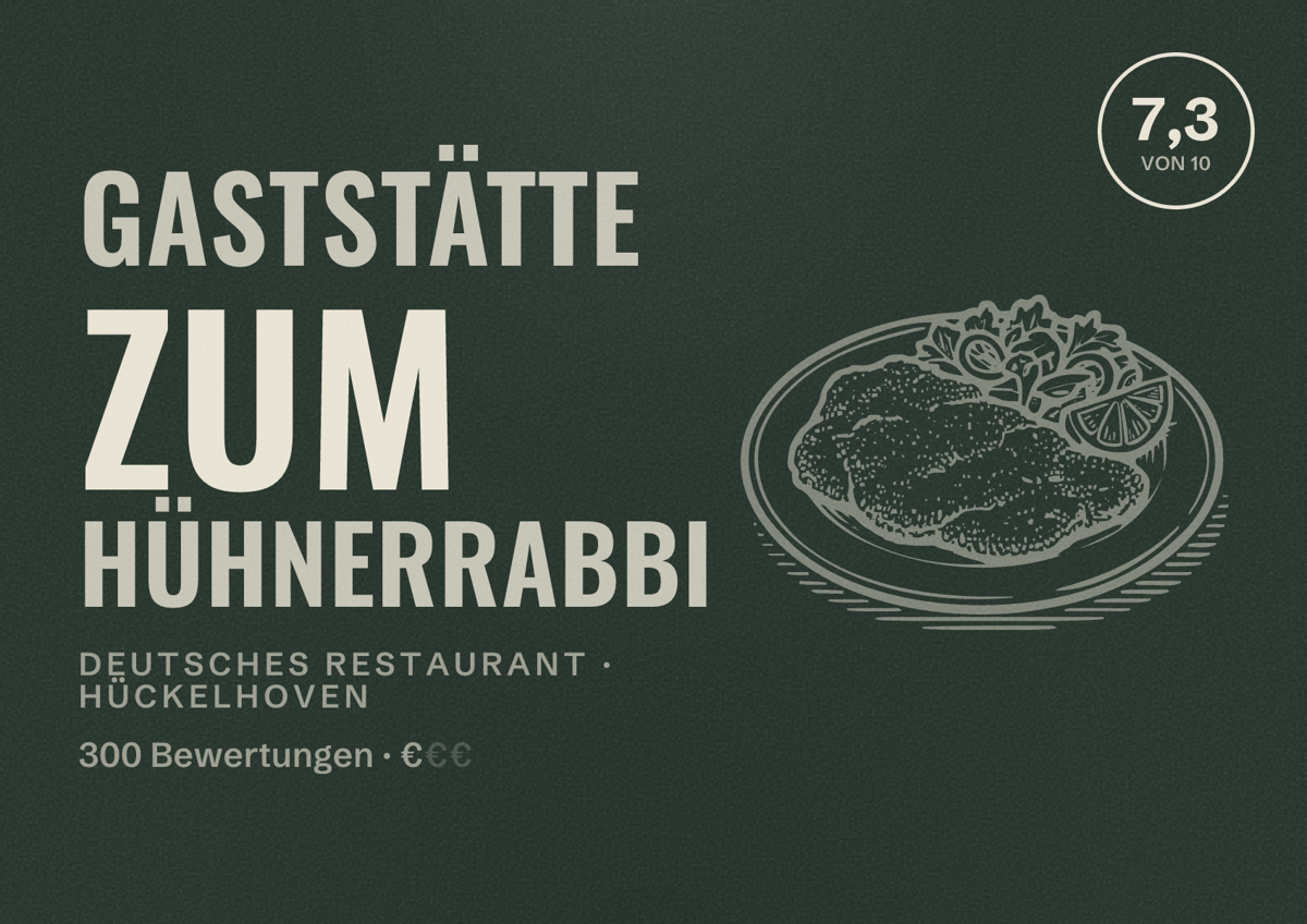 Illustriertes Poster von Gaststätte Zum Hühnerrabbi, Deutsches Restaurant in Hückelhoven: Bewertung 7,3 von 10 aus 300 Bewertungen, Preisniveau €