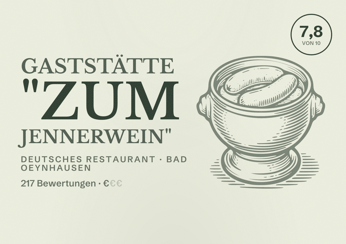 Illustriertes Poster von Gaststätte "Zum Jennerwein", Deutsches Restaurant in Bad Oeynhausen: Bewertung 7,8 von 10 aus 217 Bewertungen, Preisniveau €