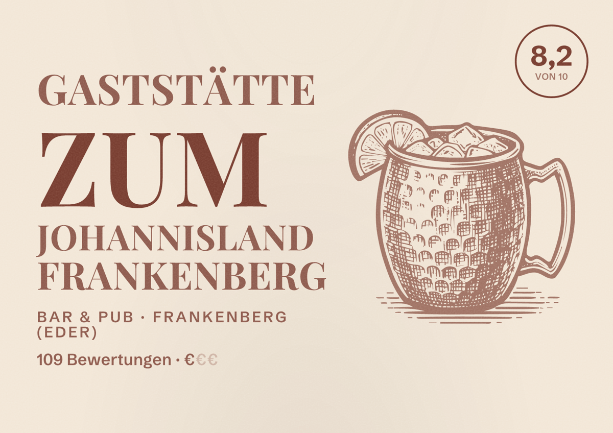 Illustriertes Poster von Gaststätte Zum Johannisland Frankenberg, Bar & Pub in Frankenberg (Eder): Bewertung 8,2 von 10 aus 109 Bewertungen, Preisniveau €