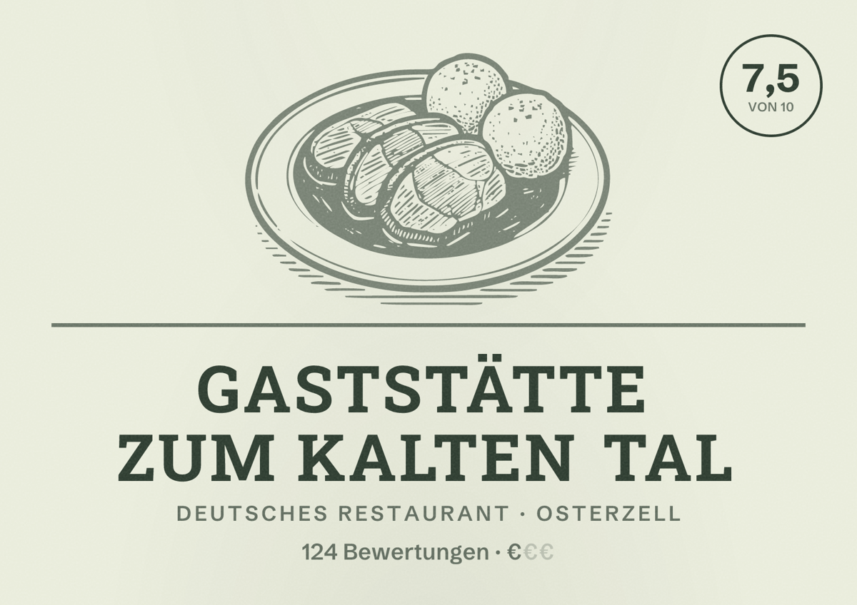 Illustriertes Poster von Gaststätte Zum Kalten Tal, Deutsches Restaurant in Osterzell: Bewertung 7,5 von 10 aus 124 Bewertungen, Preisniveau €