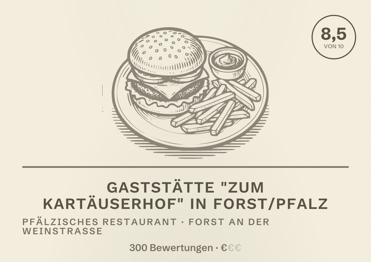 Illustriertes Poster von Gaststätte "Zum Kartäuserhof" in Forst/Pfalz, Pfälzisches Restaurant in Forst an der Weinstraße: Bewertung 8,5 von 10 aus 300 Bewertungen, Preisniveau €