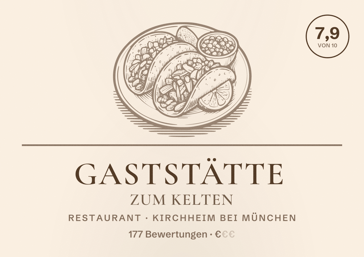 Illustriertes Poster von Gaststätte zum Kelten, Restaurant in Kirchheim bei München: Bewertung 7,9 von 10 aus 177 Bewertungen, Preisniveau €