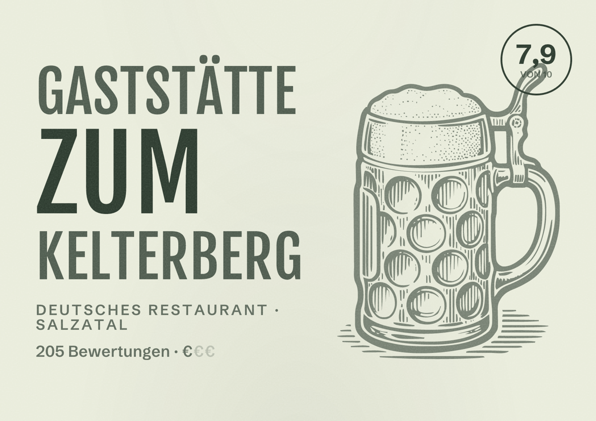 Illustriertes Poster von Gaststätte Zum Kelterberg, Deutsches Restaurant in Salzatal: Bewertung 7,9 von 10 aus 205 Bewertungen, Preisniveau €