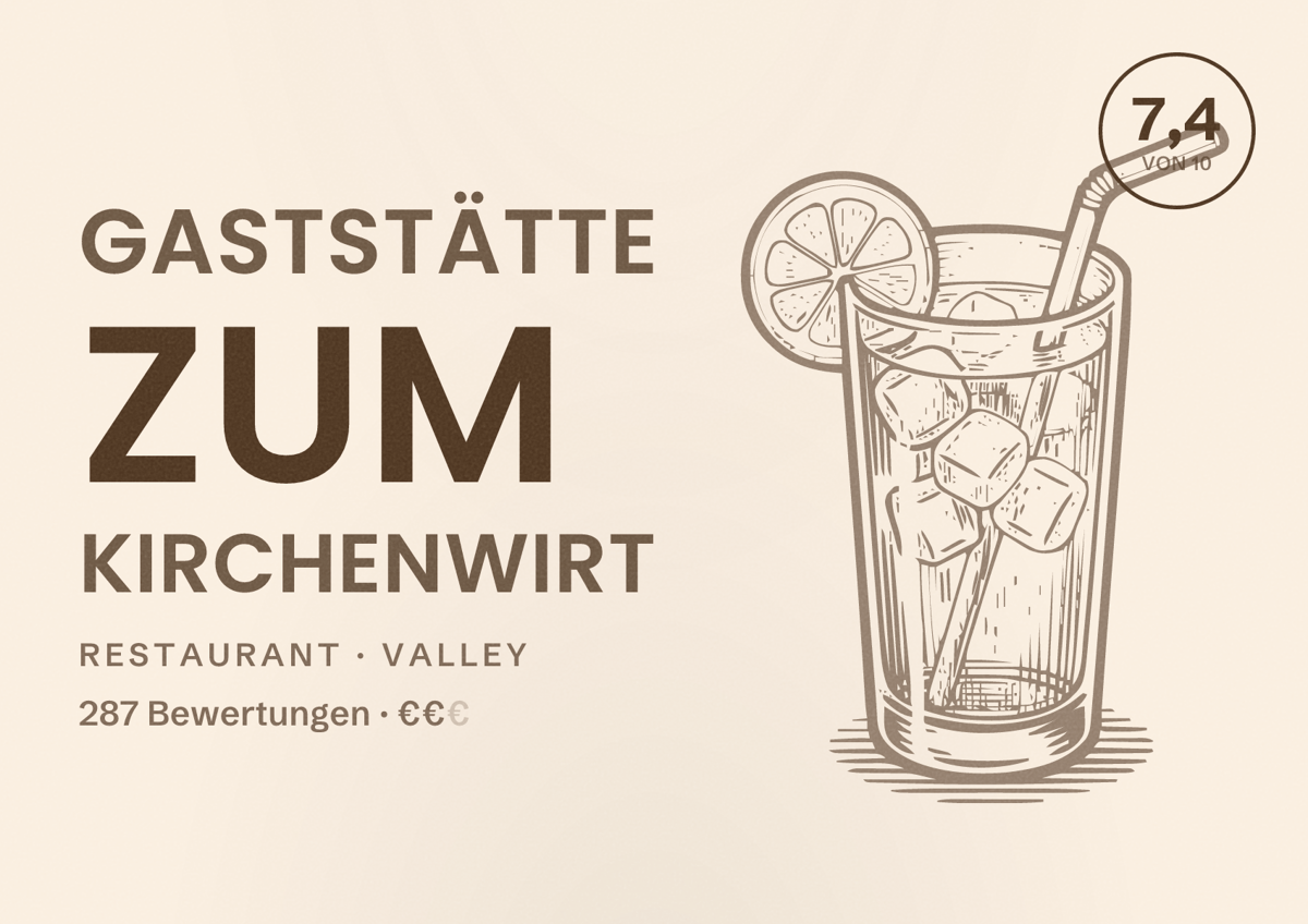 Illustriertes Poster von Gaststätte zum Kirchenwirt, Restaurant in Valley: Bewertung 7,4 von 10 aus 287 Bewertungen, Preisniveau €€