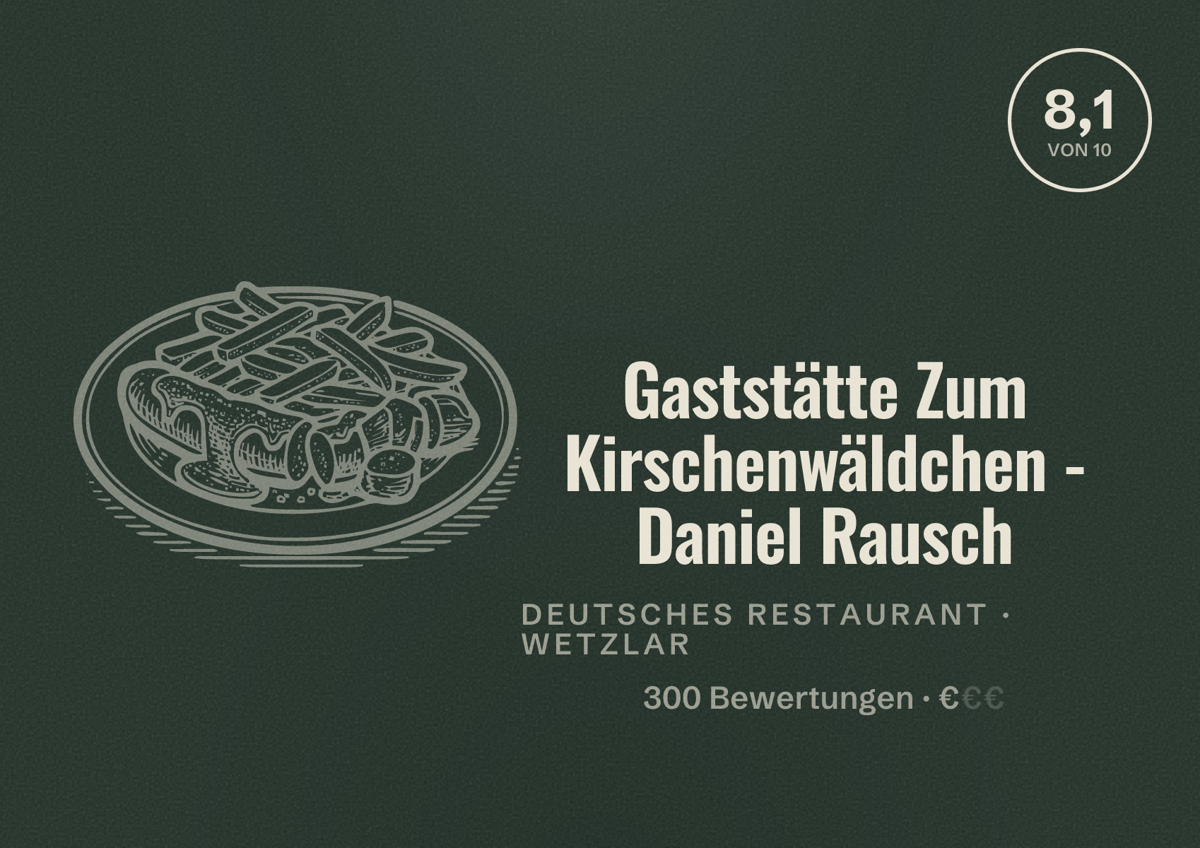 Illustriertes Poster von Gaststätte Zum Kirschenwäldchen - Daniel Rausch, Deutsches Restaurant in Wetzlar: Bewertung 8,1 von 10 aus 300 Bewertungen, Preisniveau €
