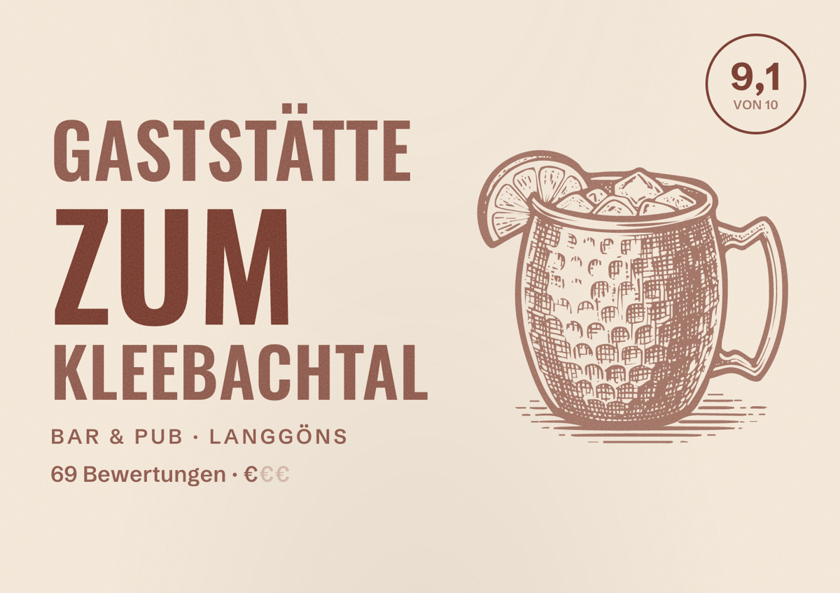 Illustriertes Poster von Gaststätte Zum Kleebachtal, Bar & Pub in Langgöns: Bewertung 9,1 von 10 aus 69 Bewertungen, Preisniveau €