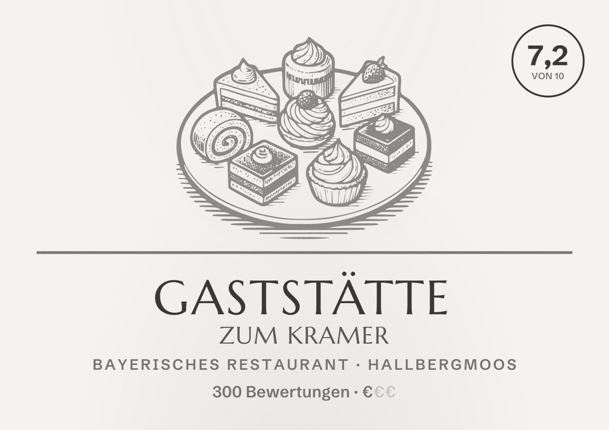 Illustriertes Poster von Gaststätte Zum Kramer, Bayerisches Restaurant in Hallbergmoos: Bewertung 7,2 von 10 aus 300 Bewertungen, Preisniveau €