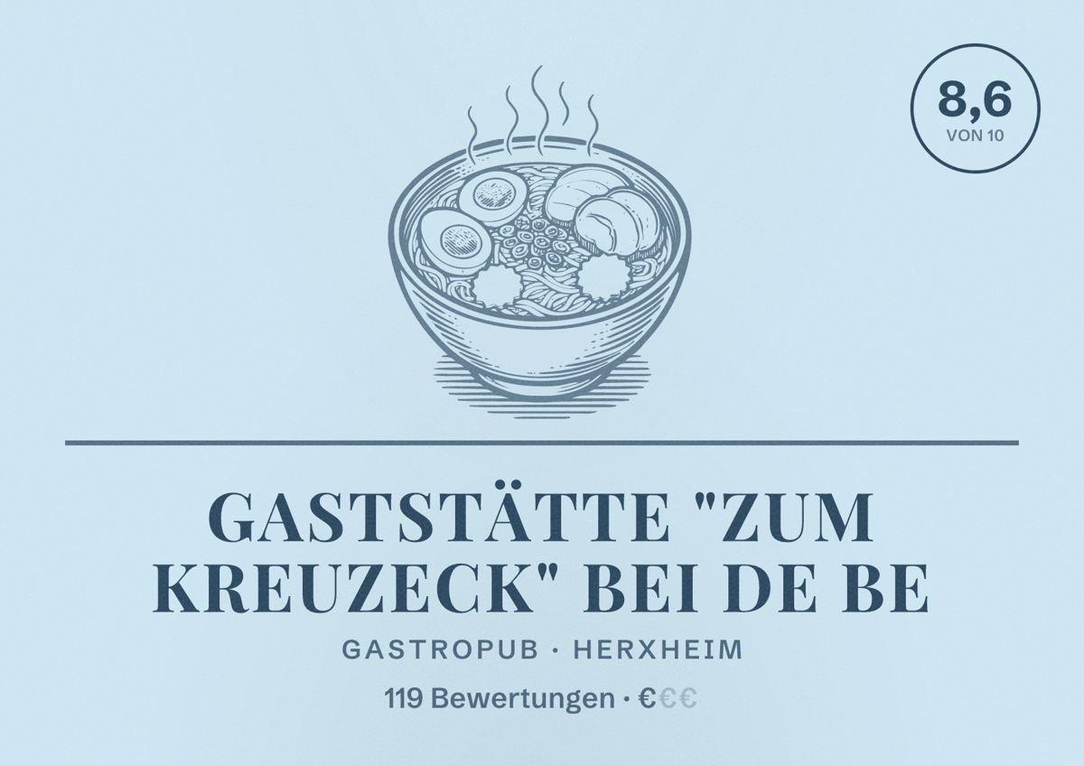 Illustriertes Poster von Gaststätte "Zum Kreuzeck" bei de Be, Gastropub in Herxheim: Bewertung 8,6 von 10 aus 119 Bewertungen, Preisniveau €