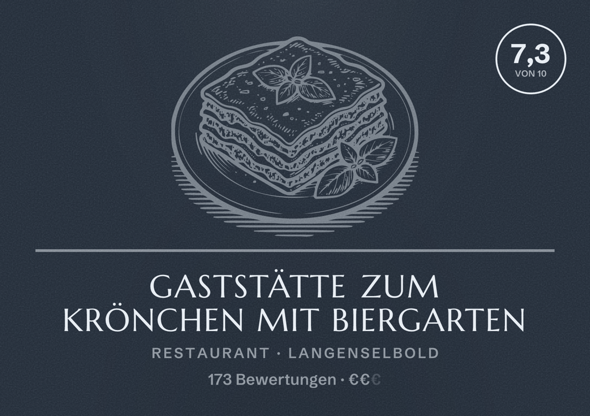 Illustriertes Poster von Gaststätte ZUM KRÖNCHEN mit Biergarten, Restaurant in Langenselbold: Bewertung 7,3 von 10 aus 173 Bewertungen, Preisniveau €€