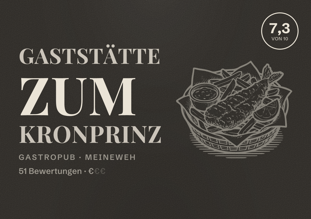 Illustriertes Poster von Gaststätte Zum Kronprinz, Gastropub in Meineweh: Bewertung 7,3 von 10 aus 51 Bewertungen, Preisniveau €