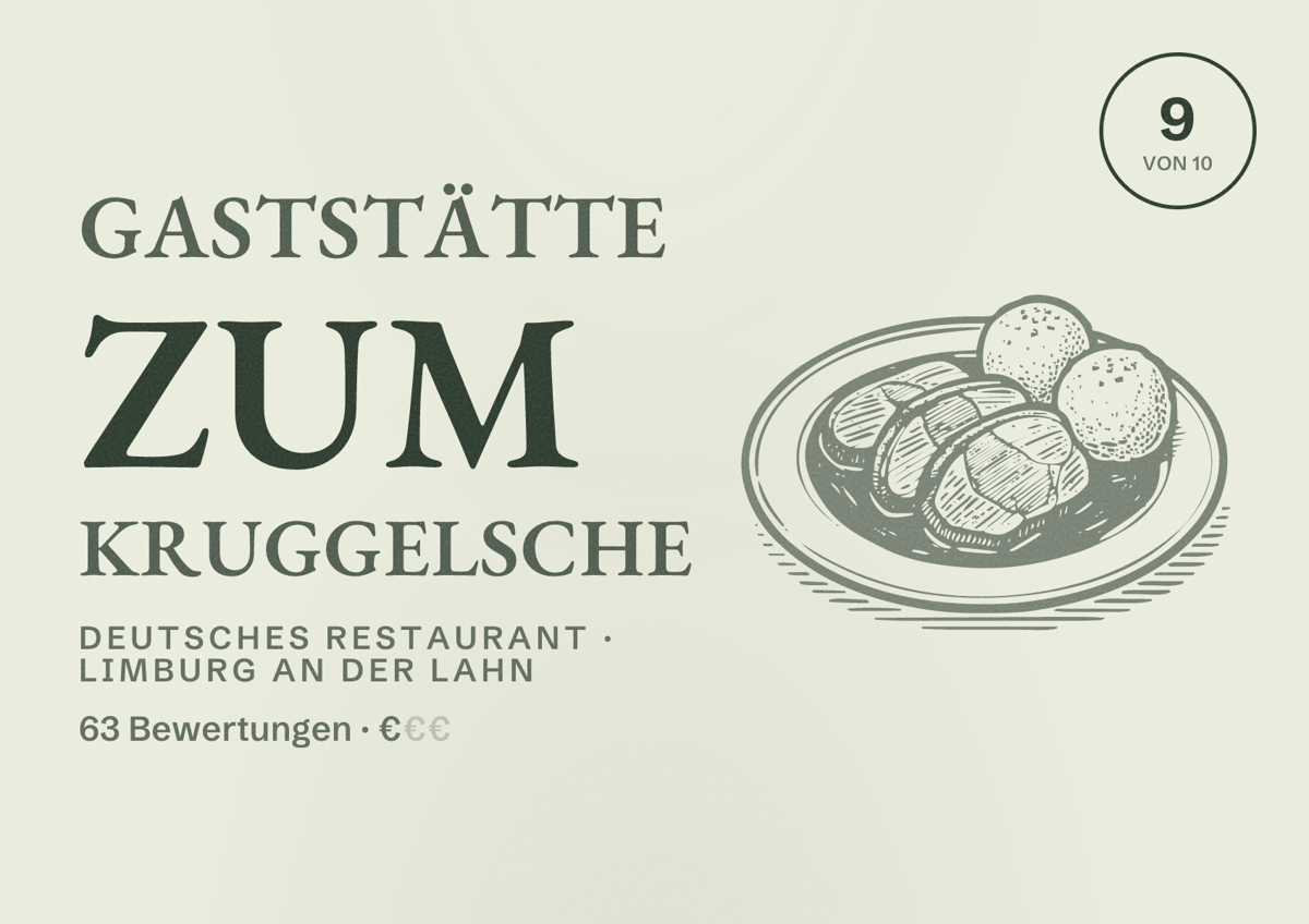 Illustriertes Poster von Gaststätte Zum Kruggelsche, Deutsches Restaurant in Limburg an der Lahn: Bewertung 9 von 10 aus 63 Bewertungen, Preisniveau €