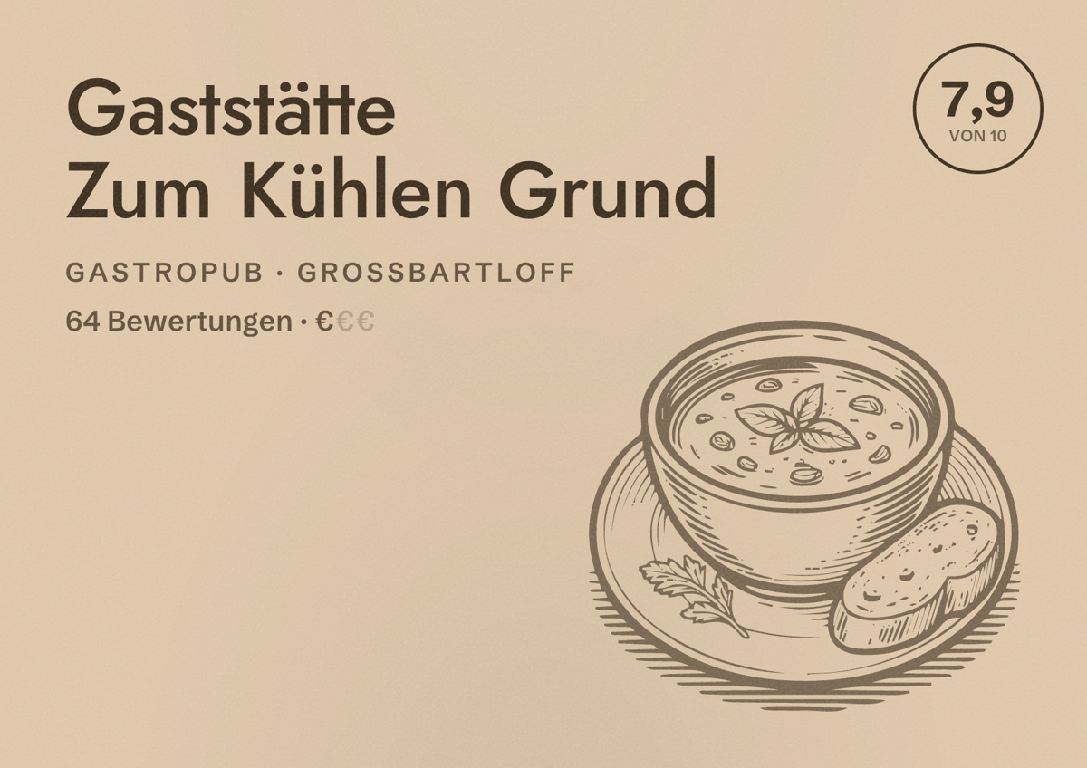 Illustriertes Poster von Gaststätte Zum Kühlen Grund, Gastropub in Großbartloff: Bewertung 7,9 von 10 aus 64 Bewertungen, Preisniveau €