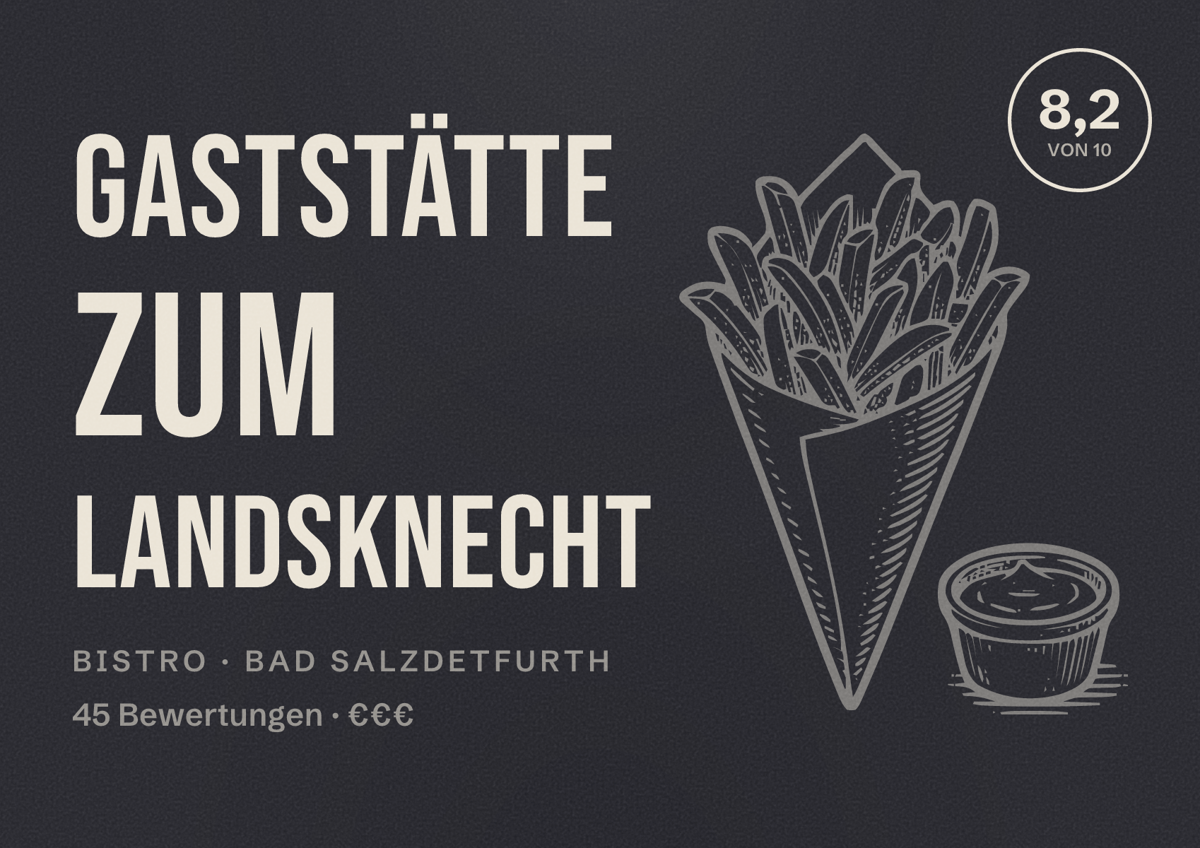 Illustriertes Poster von Gaststätte Zum Landsknecht, Bistro in Bad Salzdetfurth: Bewertung 8,2 von 10 aus 45 Bewertungen, Preisniveau €€€