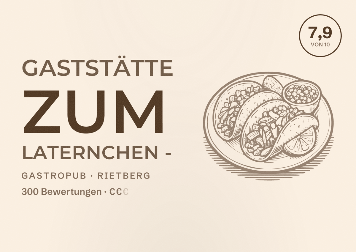 Illustriertes Poster von Gaststätte Zum Laternchen -, Gastropub in Rietberg: Bewertung 7,9 von 10 aus 300 Bewertungen, Preisniveau €€