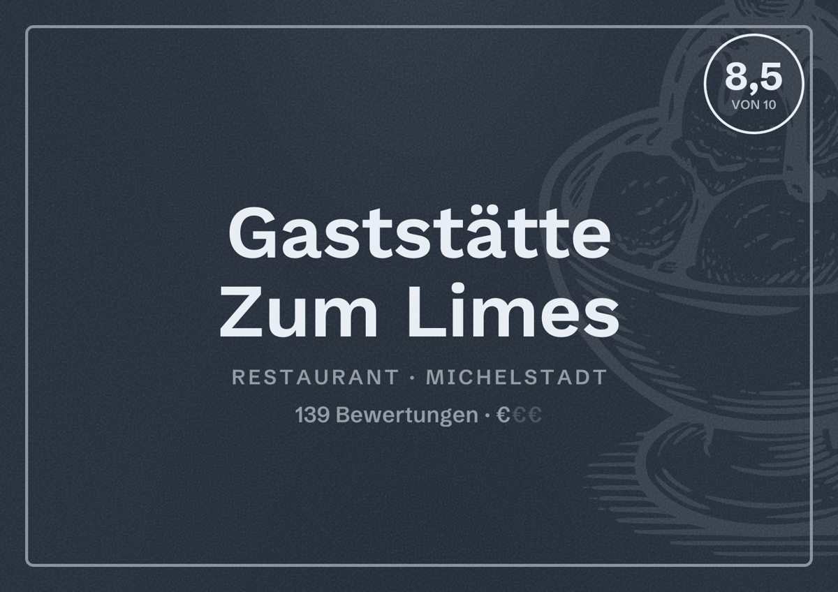 Illustriertes Poster von Gaststätte Zum Limes, Restaurant in Michelstadt: Bewertung 8,5 von 10 aus 139 Bewertungen, Preisniveau €