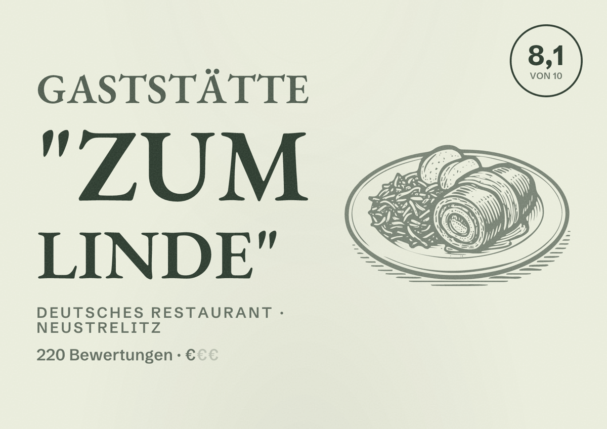 Illustriertes Poster von Gaststätte "Zum Linde", Deutsches Restaurant in Neustrelitz: Bewertung 8,1 von 10 aus 220 Bewertungen, Preisniveau €