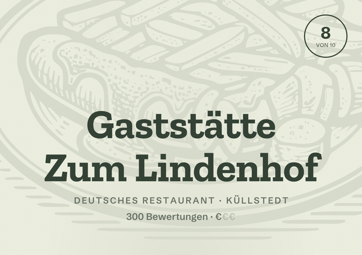 Illustriertes Poster von Gaststätte Zum Lindenhof, Deutsches Restaurant in Küllstedt: Bewertung 8 von 10 aus 300 Bewertungen, Preisniveau €