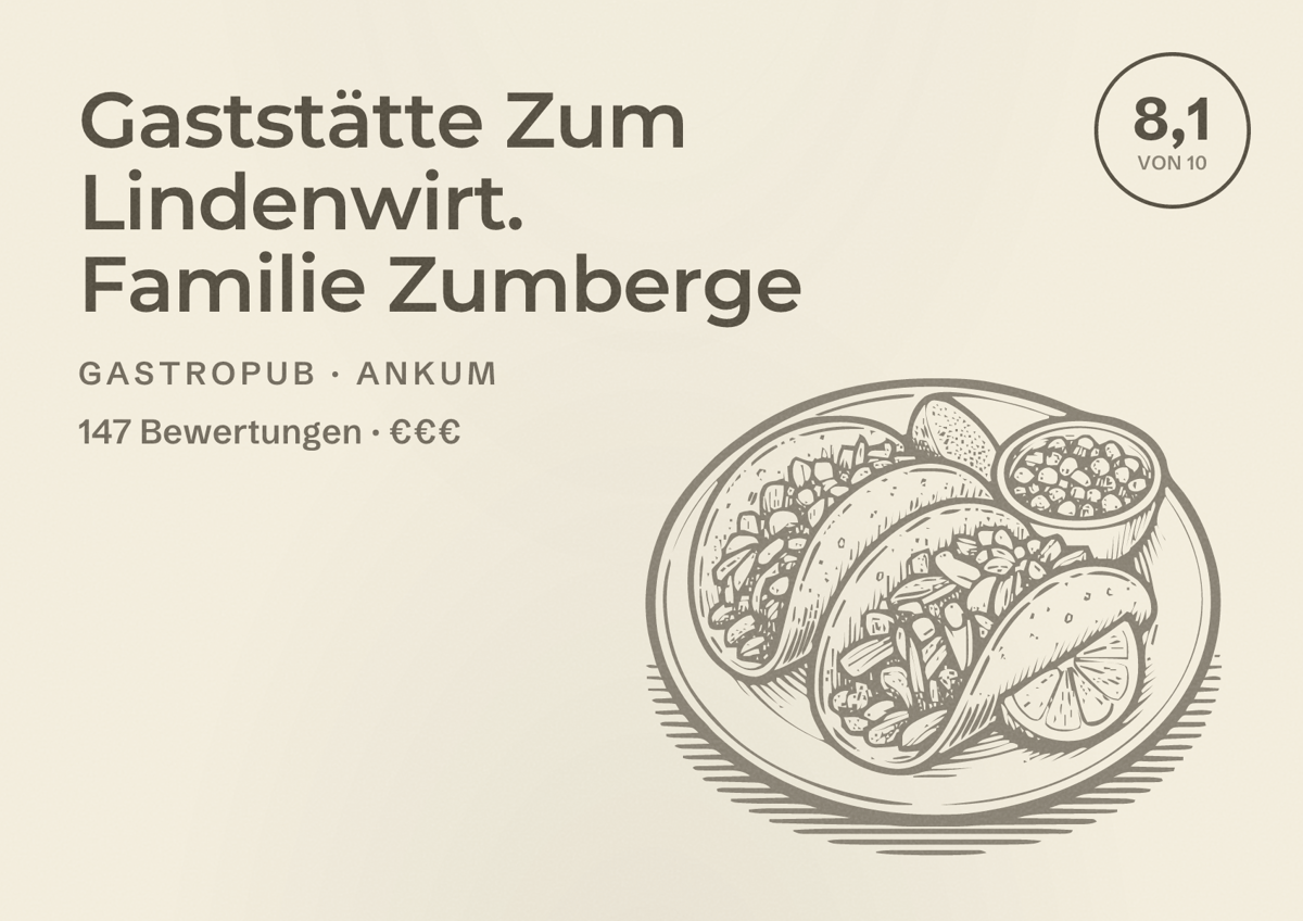 Illustriertes Poster von Gaststätte Zum Lindenwirt. Familie Zumberge, Gastropub in Ankum: Bewertung 8,1 von 10 aus 147 Bewertungen, Preisniveau €€€
