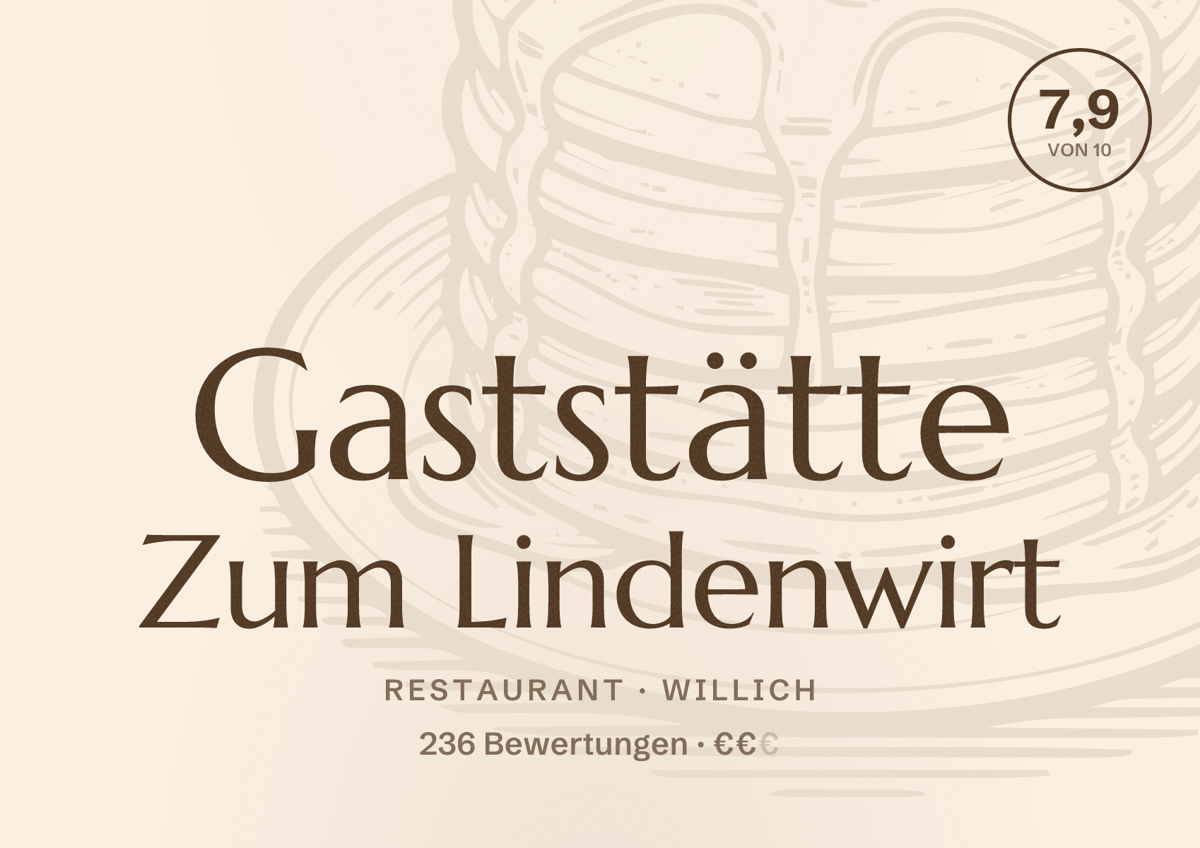 Illustriertes Poster von Gaststätte Zum Lindenwirt, Restaurant in Willich: Bewertung 7,9 von 10 aus 236 Bewertungen, Preisniveau €€
