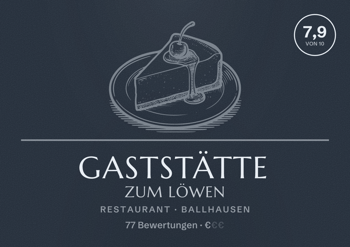 Illustriertes Poster von Gaststätte Zum Löwen, Restaurant in Ballhausen: Bewertung 7,9 von 10 aus 77 Bewertungen, Preisniveau €